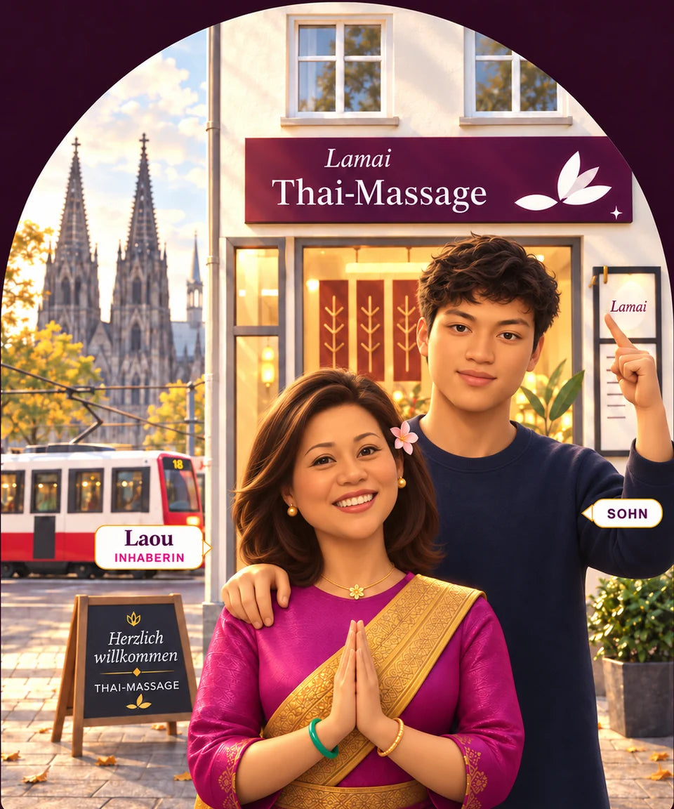Laou, Inhaberin, in traditioneller Thai-Kleidung begrüßt mit dem Wai-Gruß vor dem Studio Lamai in Köln-Klettenberg; hinter ihr ihr Sohn, der auf das Schild zeigt. Im Hintergrund der Kölner Dom und die Straßenbahn.